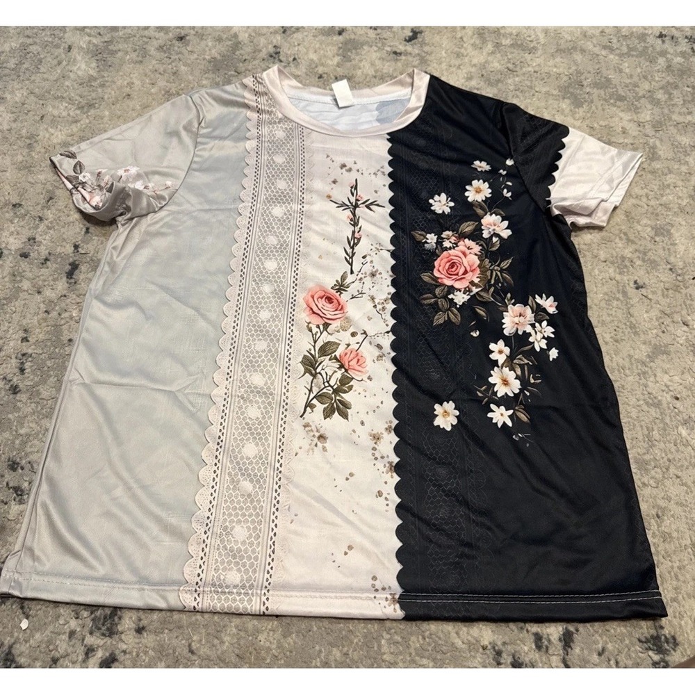 Womens White Black Multi Floral Short sleeve Shirt Sz X-Large XL